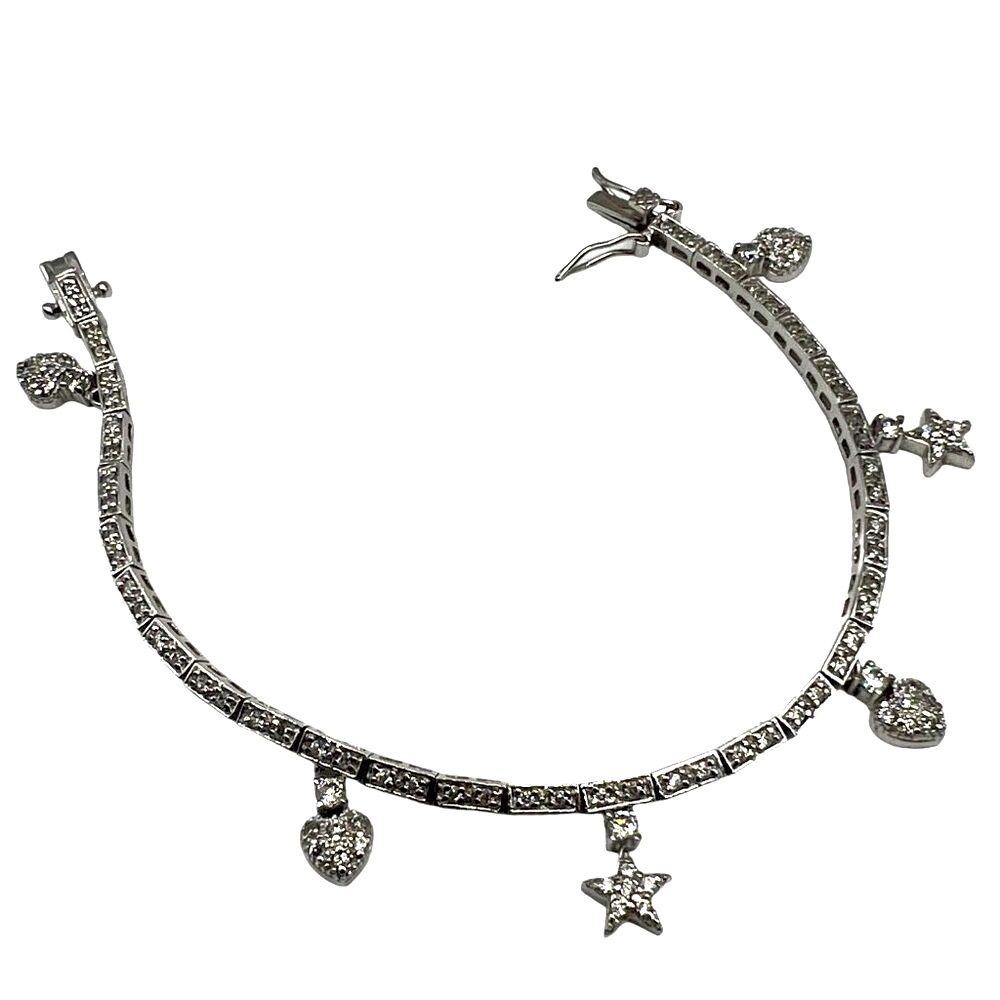 925 Sterling Silver Bracelet With Heart & Star Charms Cubic Zirconias M12 - Picture 5 of 7